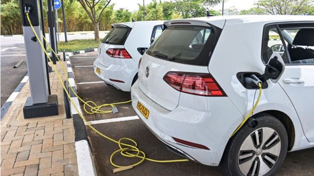 A view of Volkswagen's electric golf courses at the Kigali Convention Center charging station in Kigali on November 2, 2021
