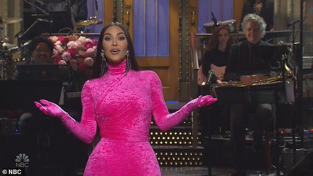 West, 44, also mocked his estranged wife, Kim Kardashian, by showing part of her Saturday Night Live monologue (pictured), in which she praised him and described him as 