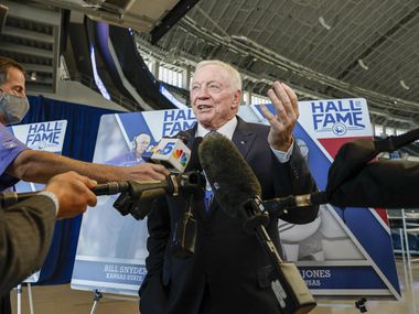 Dallas Cowboys owner Jerry Jones speaks with the media after the Cotton Bowl Hall of Fame...