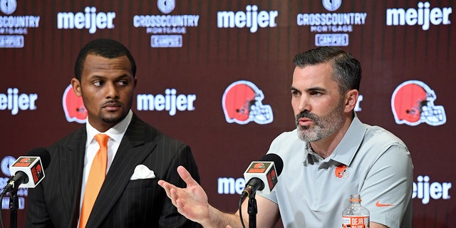 Cleveland Browns coach Kevin Stefansky speaks during a press conference introducing quarterback Deshaun Watson at Campus Cross Country Mortgage on March 25, 2022 in Berea, Ohio.