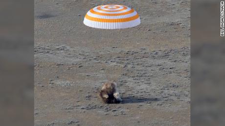 The Soyuz MS-19 spacecraft is seen landing in a remote area near the town of Zhezkazgan, Kazakhstan with NASA's Mark Vande Hei and Russian cosmonauts Pyotr Dubrov and Anton Shkaplerov Wednesday, March 30.
