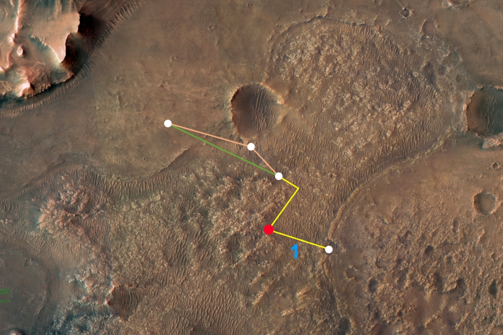 Esta imagen aérea anotada del Mars Exploration Orbiter (MRO) de la NASA ilustra los múltiples vuelos, y dos rutas diferentes, que el innovador helicóptero de Marte de la agencia podría hacer para llegar al delta del cráter Jezero.