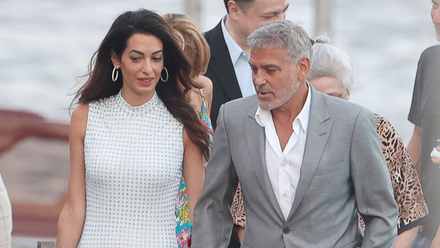 Amal Clooney in an ostrich feather dress with George in Lake Como: Pictures - Hollywood Life