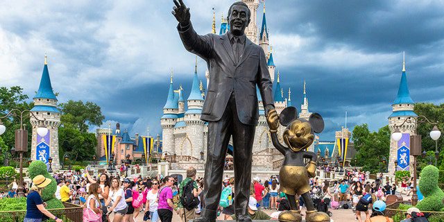 A statue of Walt Disney and Mickey Mouse inside the Magic Kingdom theme park on July 17, 2019.