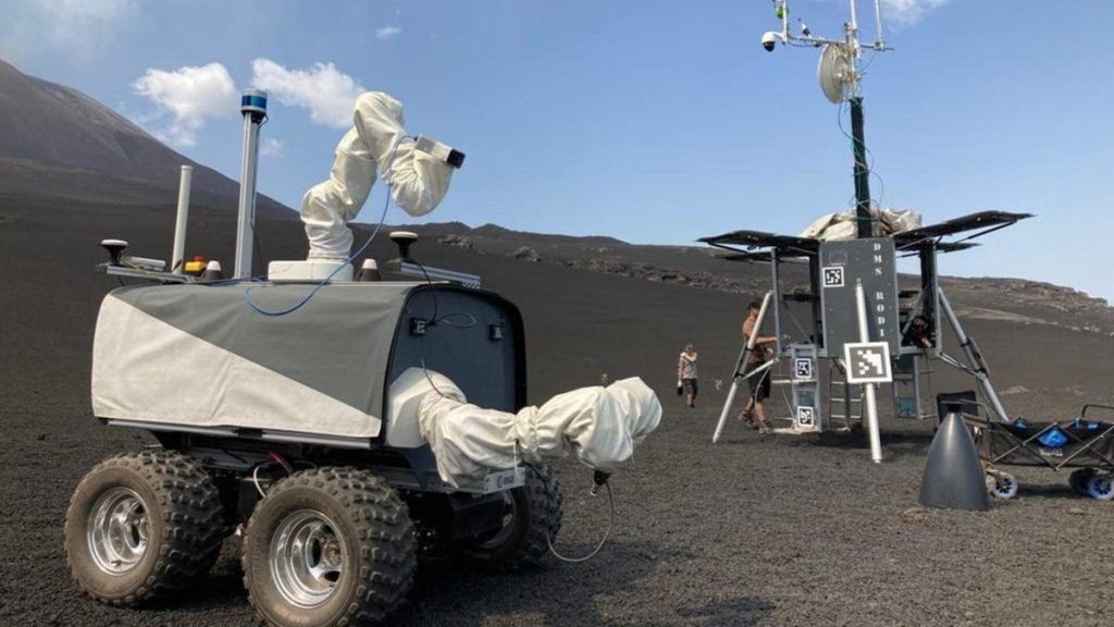 Rover collects rocks on an active volcano to simulate a lunar mission