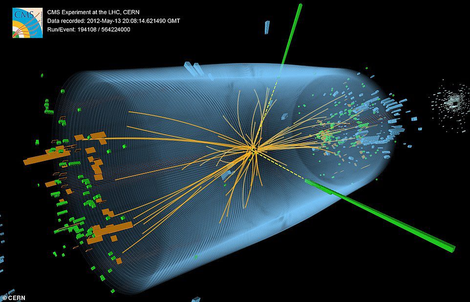 The discovery of the Higgs Boson in July 2012 forms the basis for the existence of all elementary particles in our universe.  The image above is a visualization of an event recorded in the CMS detector at CERN's Large Hadron Collider.  Shows the properties expected from the decay of the SM Higgs Boson into a pair of photons