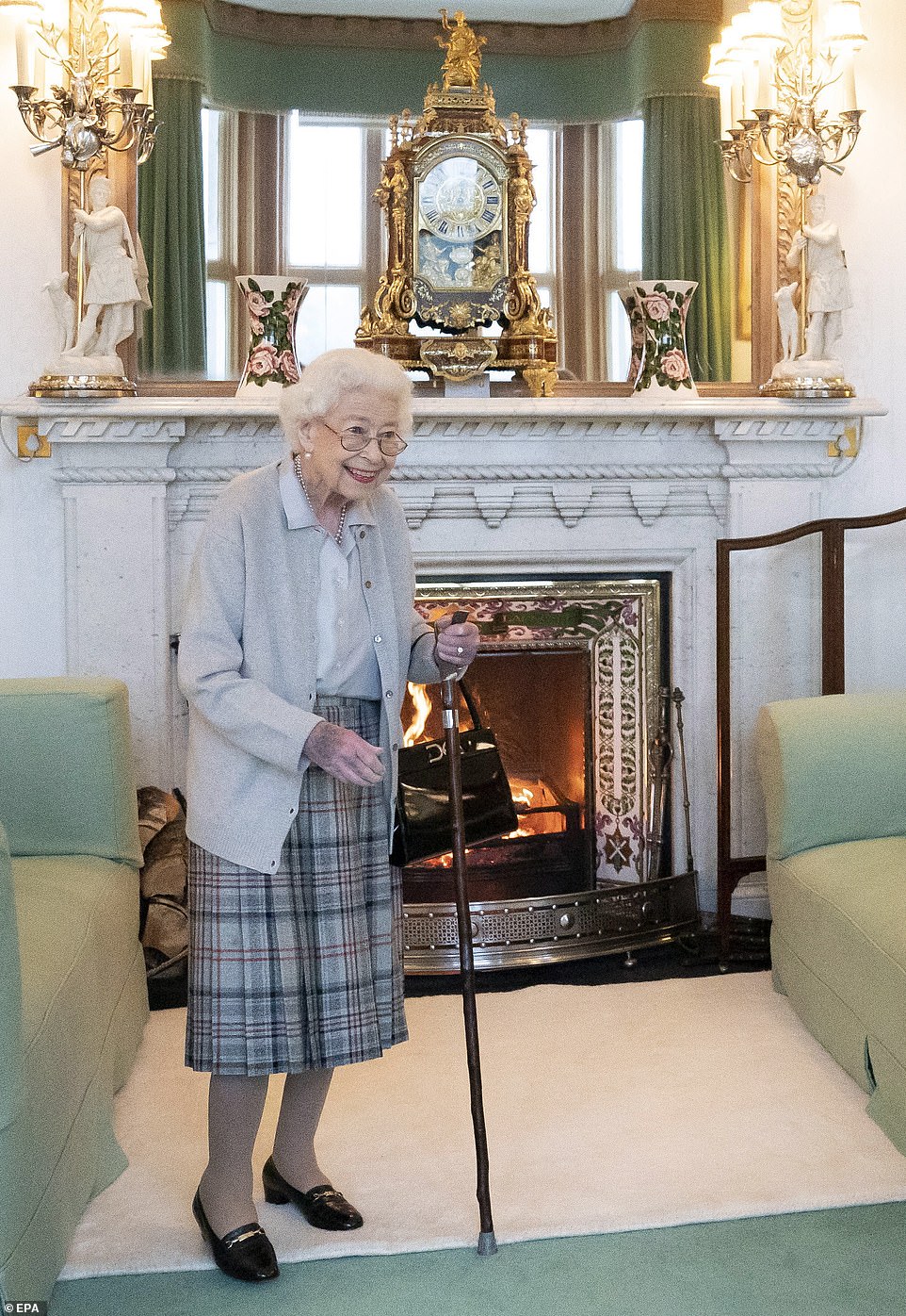 SERVICE LIFE: The Queen, with her cane and a bruise on her hand, smiles on Tuesday as she receives outgoing Prime Minister Boris Johnson and his successor Liz Truss.