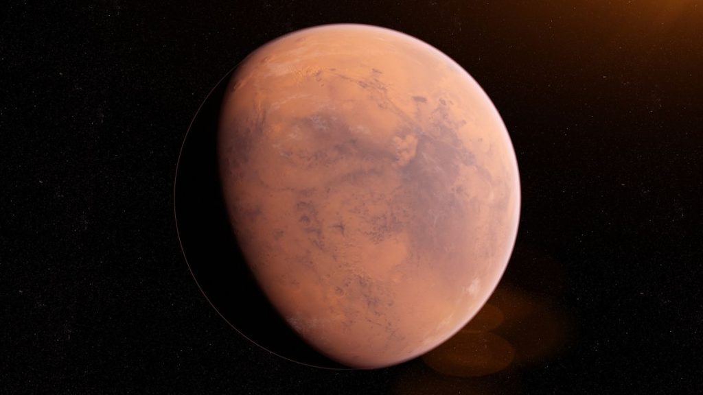 An illustration of Mars seen from space.