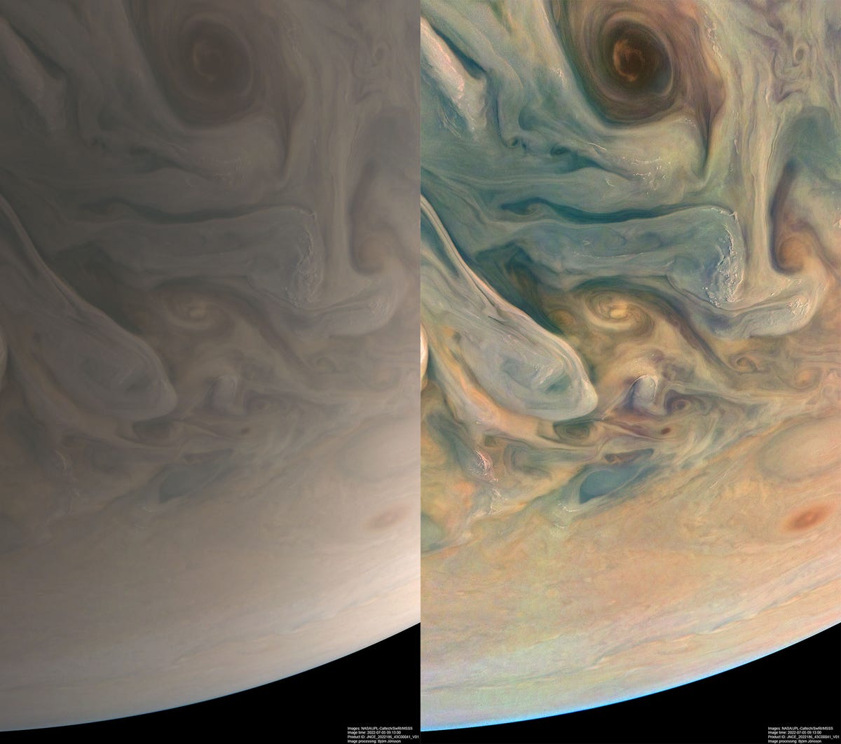 On the left is a soft beige version of Jupiter.  On the right is the same image, except for the shades of blue, orange and yellow.